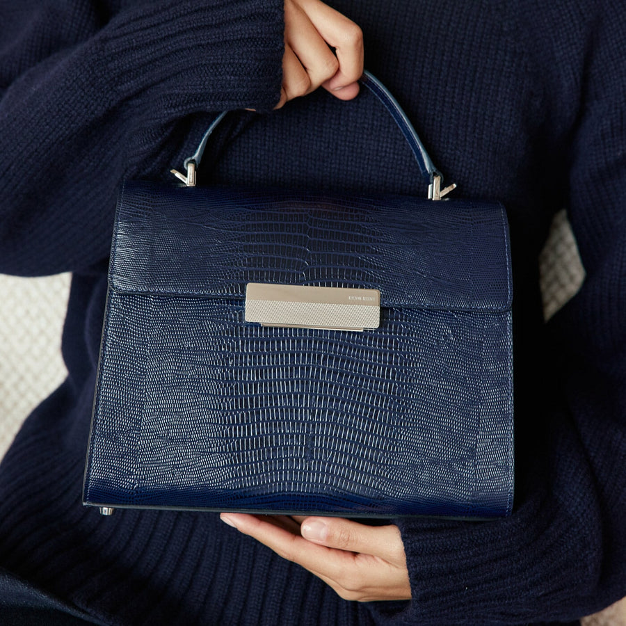 Capucine Silver Edition - Cuir Embossé Lézard Bleu Nuit Ateliers Auguste