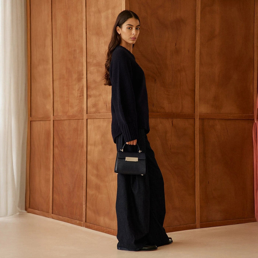 Mini Capucine Silver Edition - Cuir Embossé Lézard Bleu Nuit Ateliers Auguste