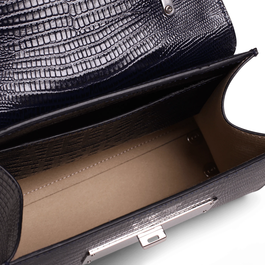 Mini Capucine Silver Edition - Cuir Embossé Lézard Bleu Nuit Ateliers Auguste