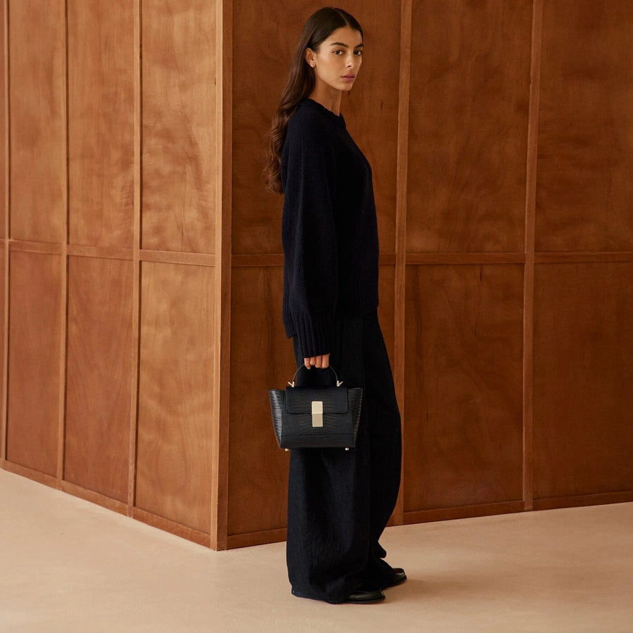 Mini Marly Silver Edition - Cuir Embossé Lézard Bleu Nuit Ateliers Auguste