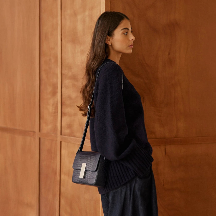 Mini Monceau Silver Edition - Cuir Embossé Lézard Bleu Nuit Ateliers Auguste