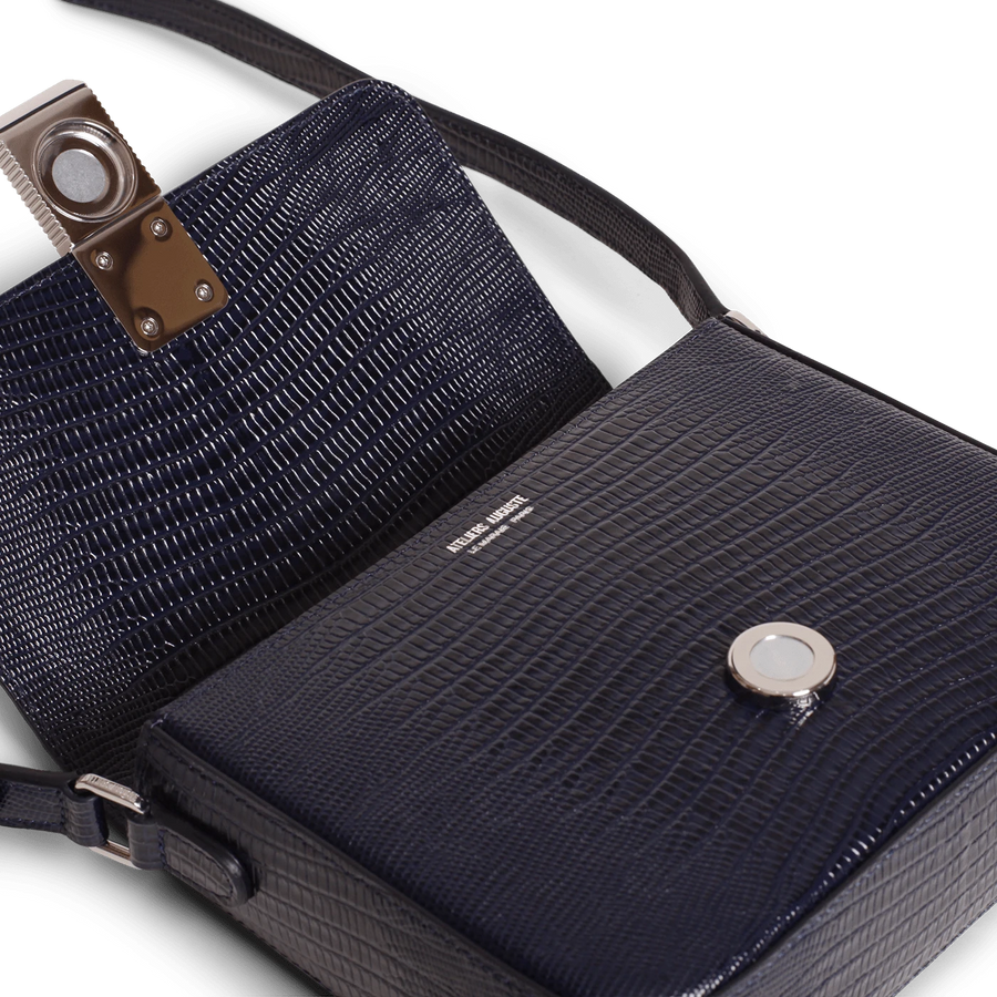 Mini Monceau Silver Edition - Cuir Embossé Lézard Bleu Nuit Ateliers Auguste
