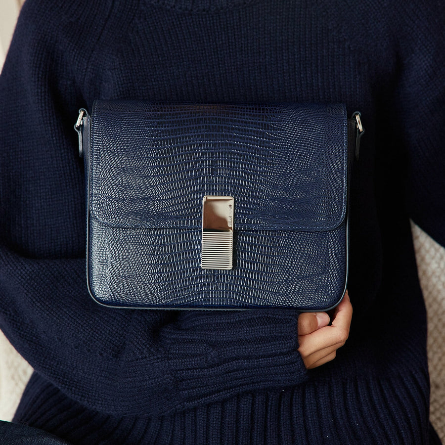 Monceau Silver Edition - Cuir Embossé Lézard Bleu Nuit Ateliers Auguste