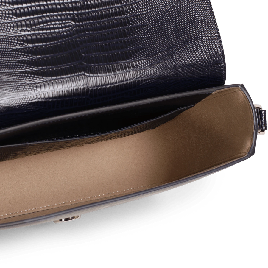 Monceau Baguette Silver Edition - Cuir Embossé Lézard Bleu Nuit Ateliers Auguste